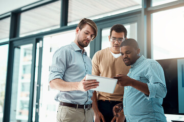 Tablet, business men and web collaboration for app developer project with website design ideas in...