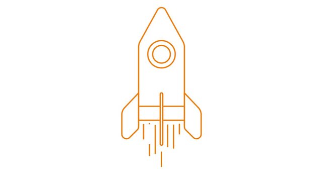 Animated orange rocket is drawn. Linear symbol. Concept of startup, investment, progress, speed. Looped video. Line vector illustration isolated on white background.