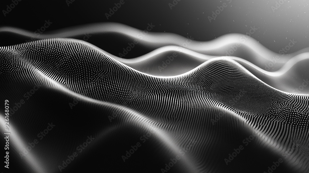 Poster abstract black and white wave patterns creating a flowing texture in a soft illuminated background