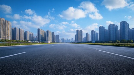 A broad asphalt road stretches ahead, flanked by tall buildings under a vibrant blue sky with fluffy clouds, creating a dynamic urban atmosphere