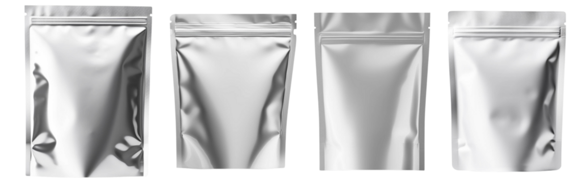 A set of four empty silver packaging pouches ready for branding or product use. Ideal for showcasing packaging designs.