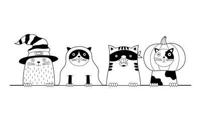 Cute Halloween card with cat characters in funny costumes. Can be used for cups, textiles, banners.