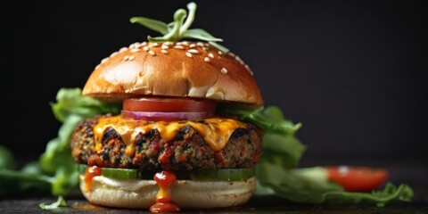 a big cheeseburger with a veggie patty.