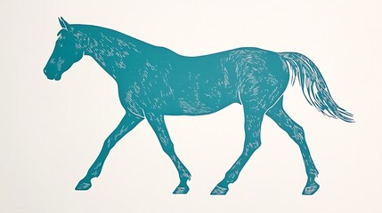 Fototapeta premium Minimalist Teal Horse Linocut Print on White Background | Simple Single Color Artwork of Horse Walking Left