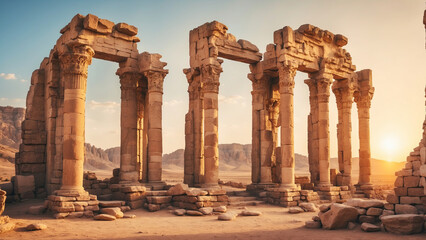 Obraz premium ancient ruins of the temple with columns in the east , ancient excavations , majestic columns of the ancient world
