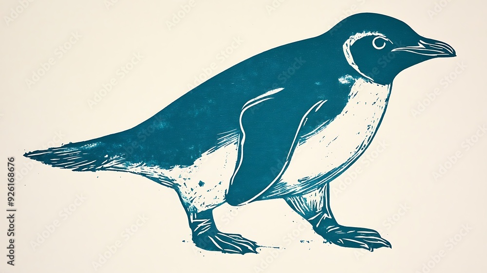 Aufkleber minimalist turquoise penguin linocut print on white background - simple and elegant artwork of a pen