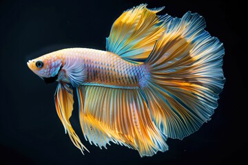 Fototapeta premium Close-up of a colorful Siamese fighting fish with vibrant orange and blue fins against a dark background.