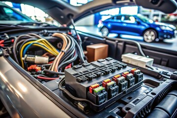 Obraz premium Close-up of a car's electrical circuit in a workshop, featuring a fuse box and black relay during vehicle repair, highlighting the intricacies of the auto service industry.