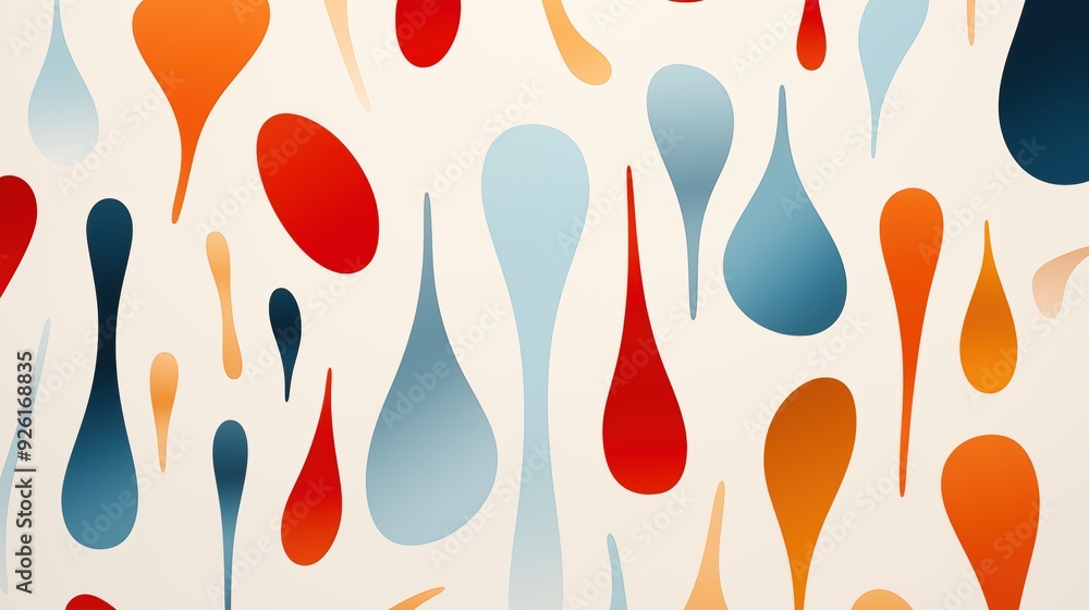 Poster minimalist background. a vibrant abstract pattern featuring various teardrop shapes in shades of red