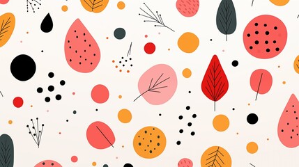 Minimalist background. A vibrant pattern featuring various shapes like leaves, circles, and dots in colors such as red, pink, orange, black, and green on a light background.