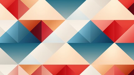 Minimalist background. A vibrant geometric pattern featuring triangles in shades of red, blue, cream, and peach. The design creates a visually appealing mosaic effect with a modern aesthetic.