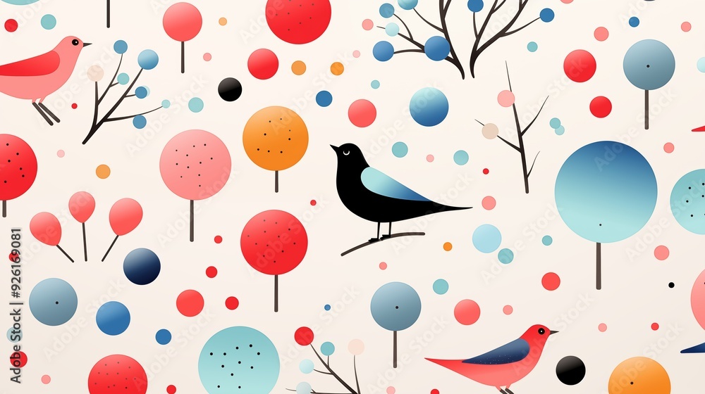 Poster minimalistic background. a colorful pattern featuring stylized birds, trees, and abstract shapes in 