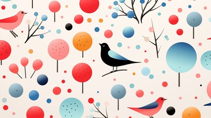 Minimalistic background. A colorful pattern featuring stylized birds, trees, and abstract shapes in various colors including red, blue, and orange on a light background.