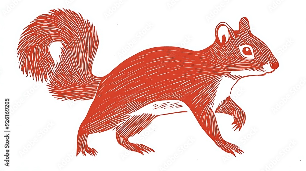 Aufkleber minimalist coral squirrel linocut print on white background | simple one-color design of squirrel st