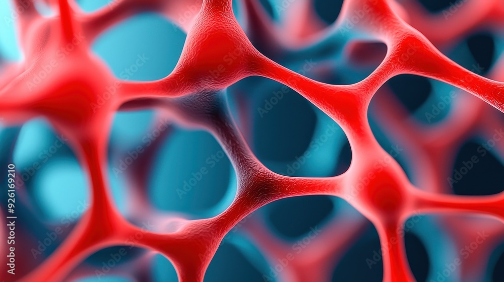 Poster close-up view of vibrant red cellular structure against a blue background, showcasing intricate patt