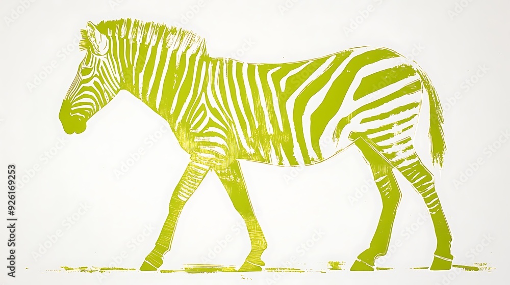 Poster minimalist chartreuse zebra linocut print on white background