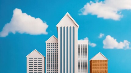 Fototapeta premium Colorful paper buildings against a blue sky with fluffy clouds, representing urban architecture in a playful, creative style.