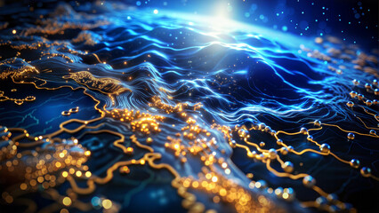 Abstract digital waves in blue and gold, futuristic technology concept