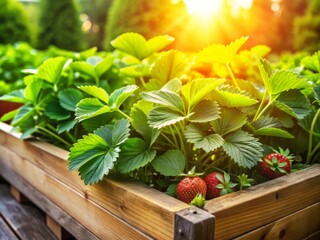 Vibrant green strawberry bushes with lush leaves thrive in a high wooden bed, basking in warm sunny evening light, highlighting healthy home gardening practices.