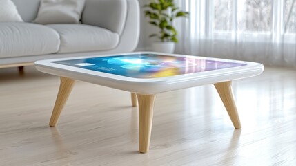 Stylish modern coffee table with a digital touchscreen surface, perfect for contemporary living spaces.