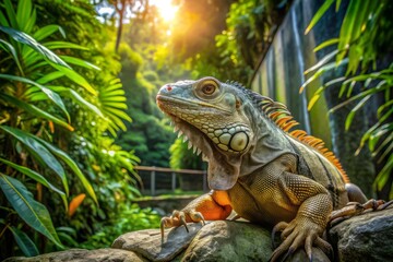 A large, scaly iguana gecko occupies space on sun-kissed rocks at the edge of a lush, vibrant tropical jungle and forest near a protective fence.