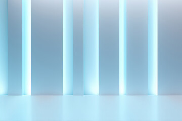 Abstract Blue Light Background. Room Interior with Vertical White Line Strips Illuminating a White Space