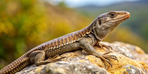 Fototapeta premium A large, brownish-grey lizard with a long tail and distinctive patterning, sitting on a rock or boulder in its natural habitat in southwestern Europe.