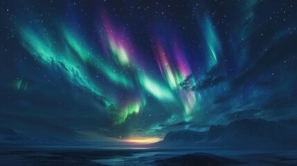 Dramatic landscape illuminated by the vibrant colors of the Northern Lights, with the aurora borealis dancing across the sky in a spectacular display.