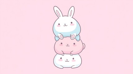Adorable Fluffy Bunny Stack - Kawaii Simple Cartoon Illustration in Pastel Tones with Bold Outlines on Solid Background