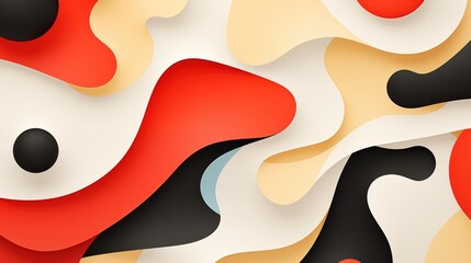 Minimalistic background. An abstract composition featuring layered shapes in red, black, cream, and beige tones. The design showcases smooth curves and flowing forms, creating a dynamic visual effect.