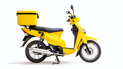Obraz premium side view of a bright yellow delivery motorcycle, isolated on a white background
