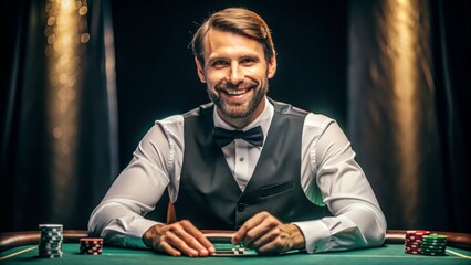 Confident dealer stands out in a live online video casino, revealing a winning hand in a baccarat card game with a charming and professional smile.