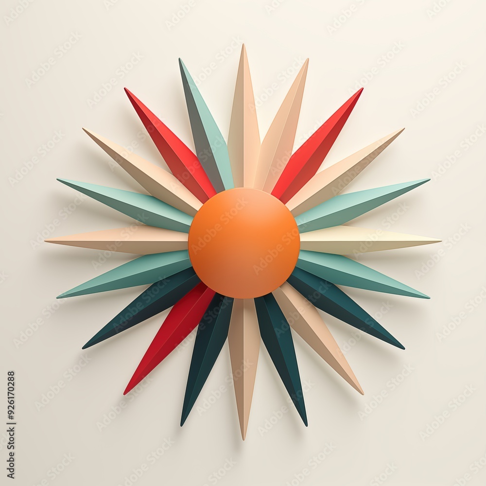Poster minimalistic sun illustration. a decorative starburst design featuring a central circular shape surr