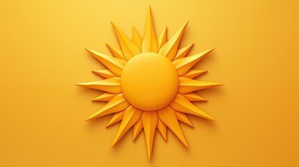 Minimalism sun illustration. A stylized sun icon with a circular center and elongated triangular rays, set against a bright yellow background. 