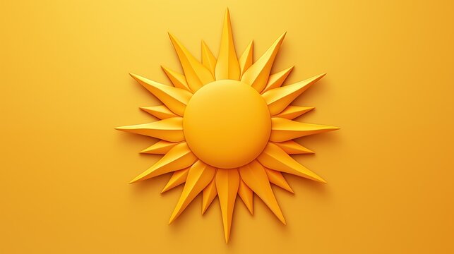 Minimalism sun illustration. A stylized sun icon with a circular center and elongated triangular rays, set against a bright yellow background. 