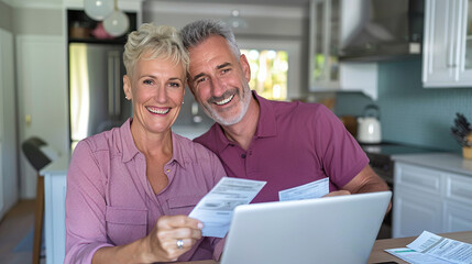 Obraz premium a happy couple sitting at their kitchen table, holding receipts and discussing savings, with a laptop open to a discount website