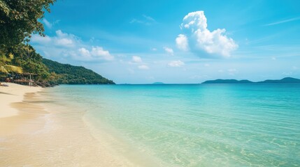 Fototapeta premium Tropical Paradise: Serene Beach with Azure Waters and Lush Greenery
