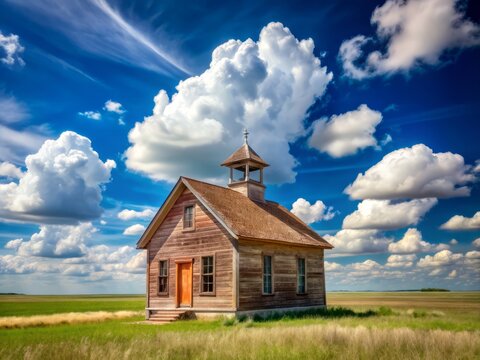 Rustic one-room country schoolhouse built in 19th century, surrounded by open prairie, stands alone under vast blue sky with white puffy clouds in rural Midwest.