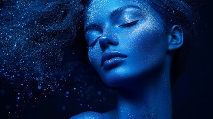 Fototapeta premium Mystical Elegance: Portrait of a Woman with Flowing Water Hair and Silver Specks on Face