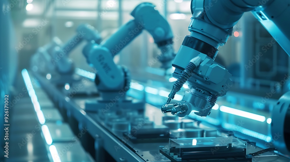 Aufkleber close-up of a robotic arm in a factory setting.