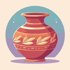 A red vase with leaves on it sits on a table. The vase is decorated with a pattern of leaves and vines