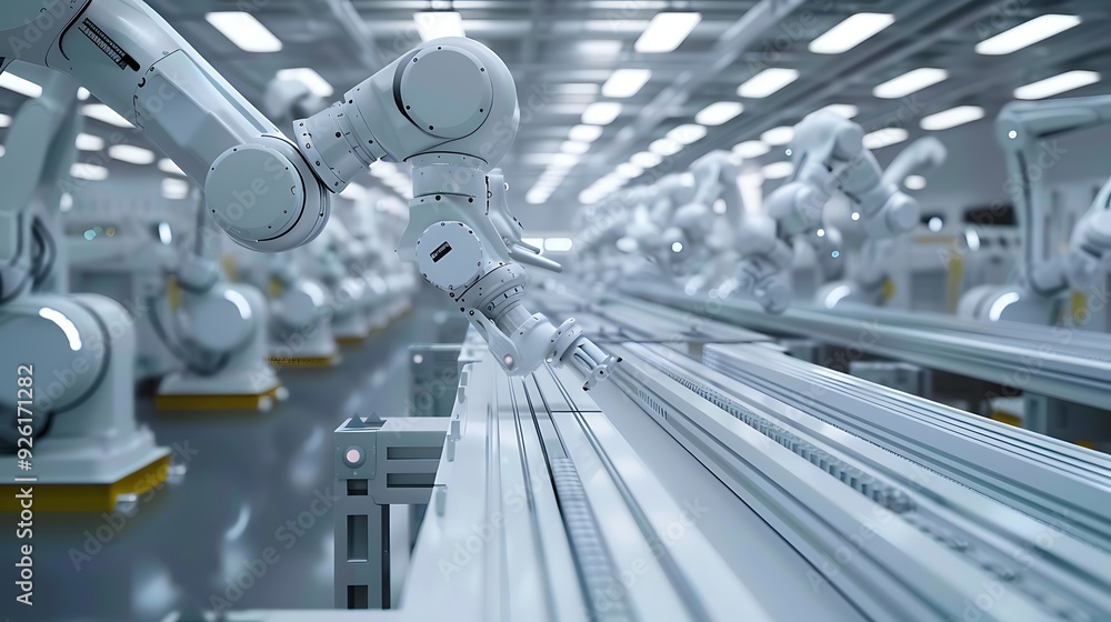 Aufkleber close-up of a robotic arm working on an assembly line in a factory.