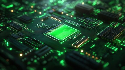 Fototapeta premium Circuit Board with Glowing Green Processor