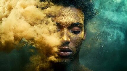 Ethereal Beauty: Handsome Man with Yellow Smoke, Gold Dust, Cloud Hair, and Green Background