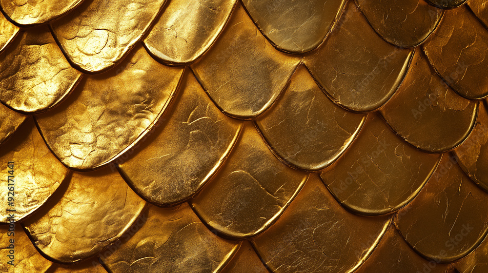 Poster golden scale texture shining in warm light, showcasing intricate details of overlapping layers