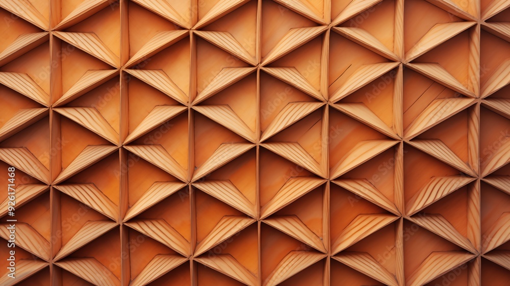 Poster a close-up view of a textured wall featuring a geometric pattern of folded wooden panels arranged in