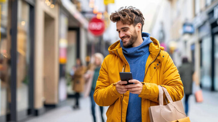 Fototapeta premium A smiling man in a yellow jacket uses his smartphone while shopping in a lively city street, capturing urban shopping vibes.