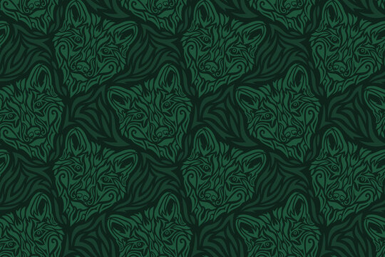 Hand drawn green seamless pattern with wolf head