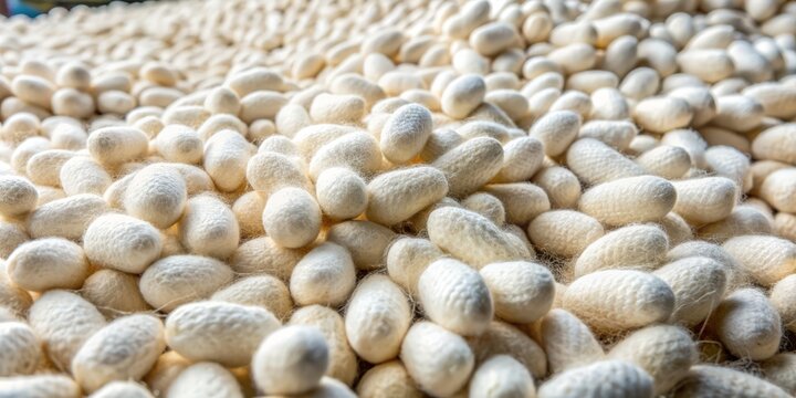 Cocoons of white silkworms await unraveling to produce raw silk for traditional textile manufacture, weaving thread for the textile industry's luxurious fabrics.