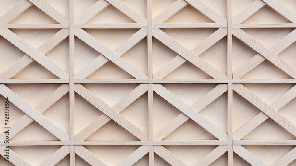 Poster a close-up view of a wooden lattice pattern with diagonal crisscross designs. the light-colored wood